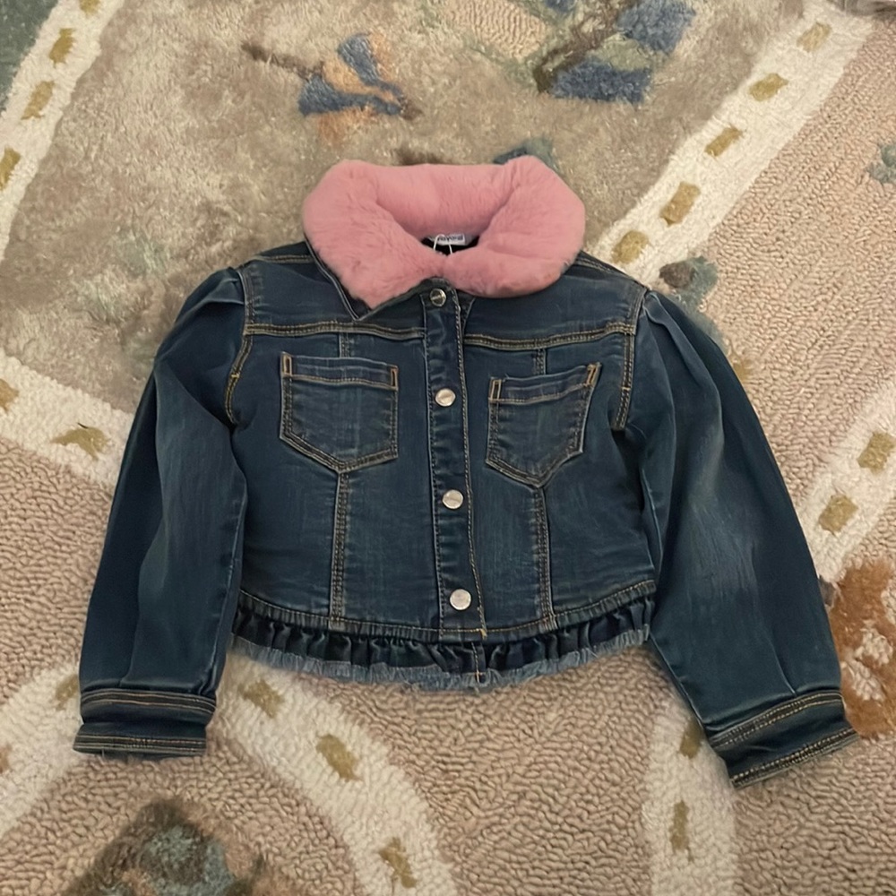 Mayoral denim jacket, lined, with faux fur pink collar - NWT